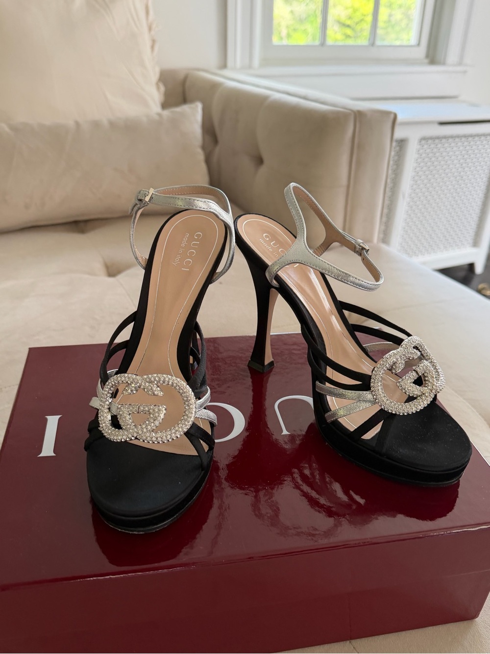 Gucci Black Satin Crystal Double G Ankle-Strap Sandals with Silver Straps - Picture 6 of 8